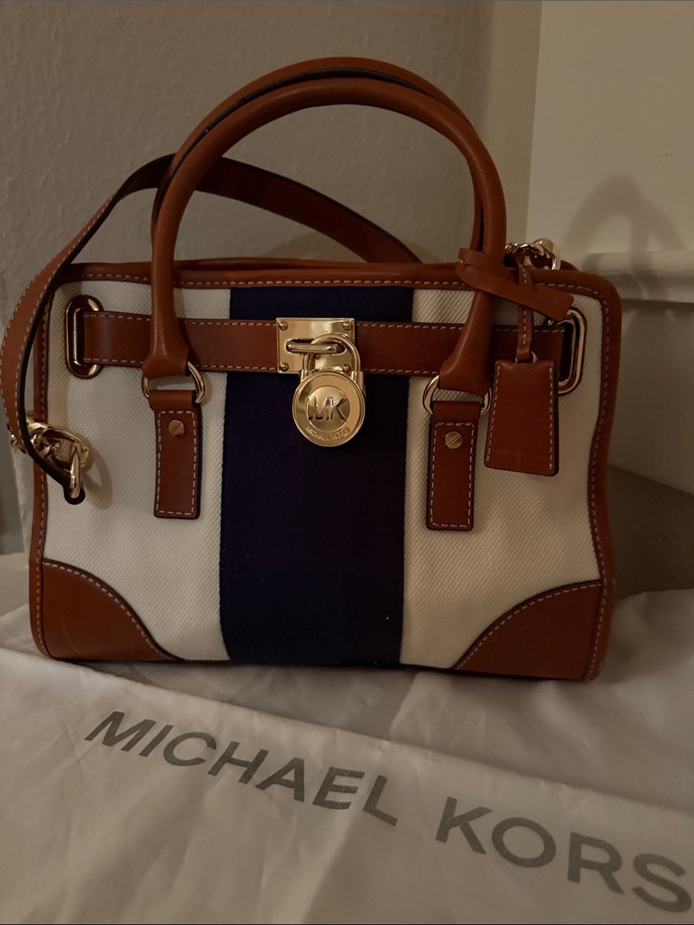 Michael Kors Canvas Satchel with Brown Leather & Navy Stripe with Dustbag